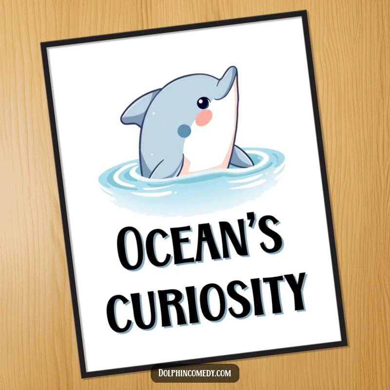 Funny Dolphin Digital Art Print: A curious dolphin surfaces from the ocean, exuding wonder, a downloadable and funny gift.