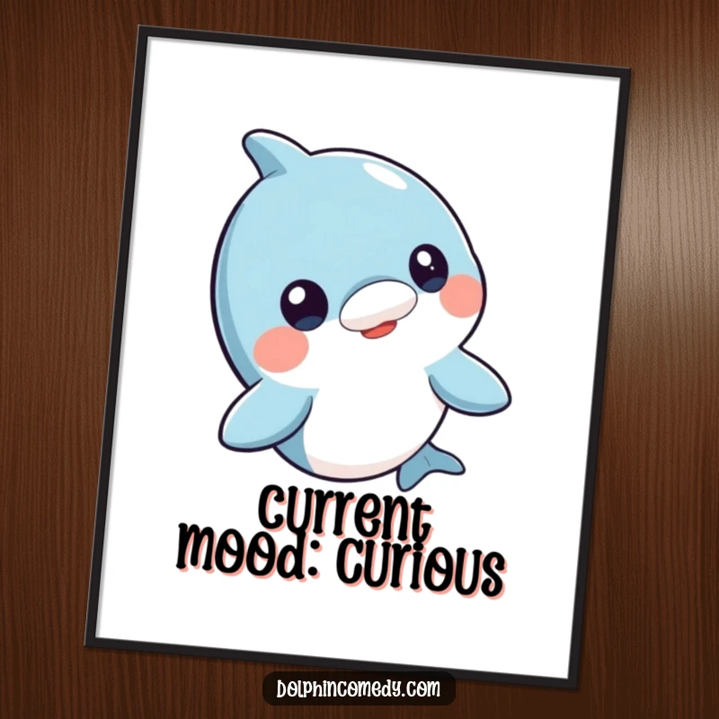 Funny curious dolphin digital art print, head bobbing with intrigue, high-resolution, instant humorous decor for any wall.