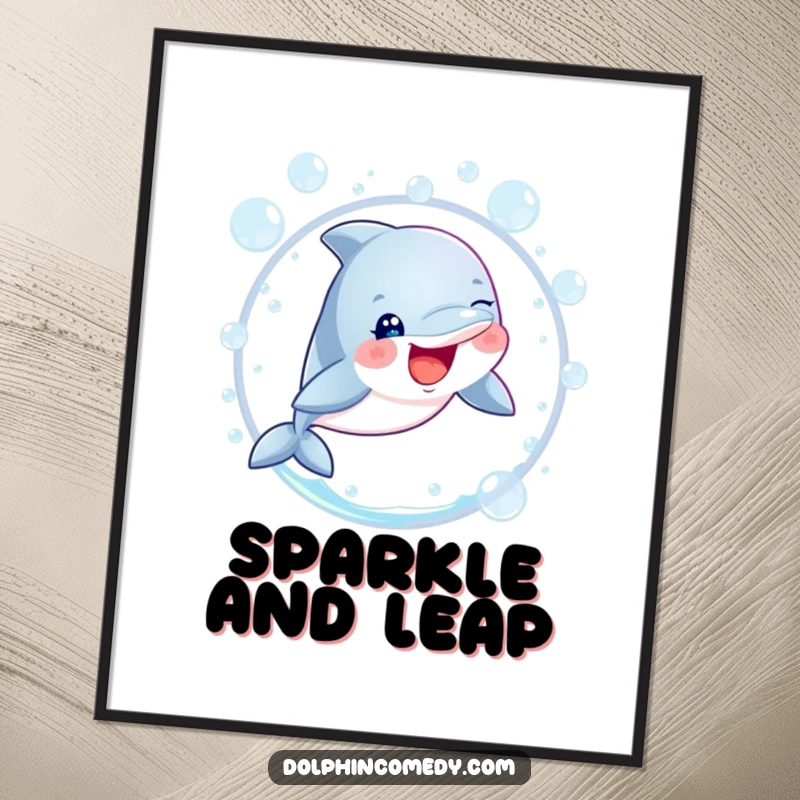 Funny dolphin with sparkling eyes leaping through a bubble hoop, rendered in vibrant digital art, conveying joy and humor.