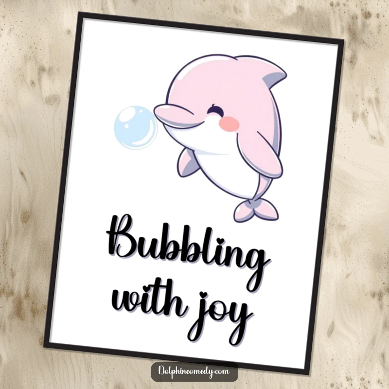 Funny downloadable art print of a happy dolphin blowing a shimmering water bubble, perfect for digital displays.