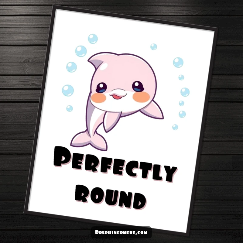 Funny dolphin blowing a perfect, shimmering ring of bubbles underwater, a high-resolution digital art print for playful decor.