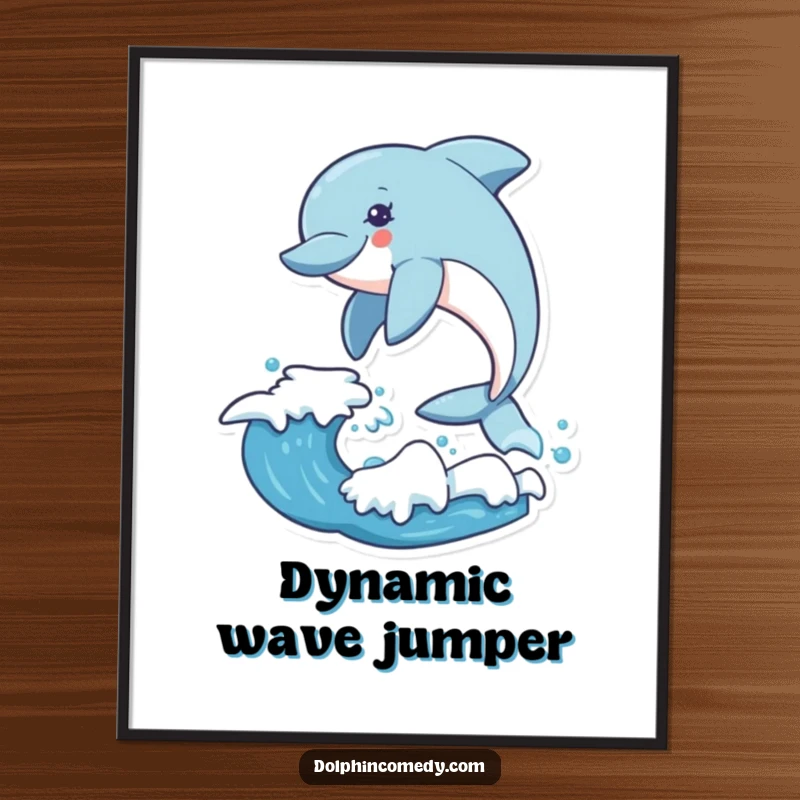 Funny dolphin digital art print of an excited dolphin leaping over a wave, bringing dynamic energy to your walls.
