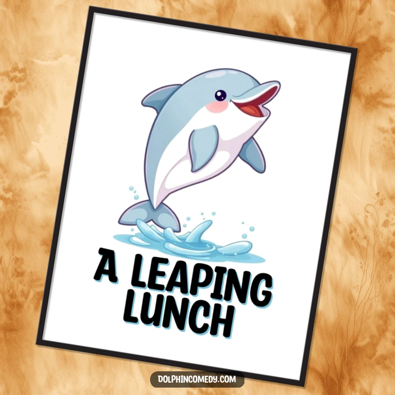 Funny Dolphin Digital Art Print: An excited dolphin leaps mid-air catching a fish, energetic and funny gift.