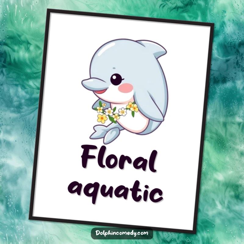 Funny digital art print of a happy dolphin swimming gracefully while wearing a beautiful flower garland, creating whimsical decor.