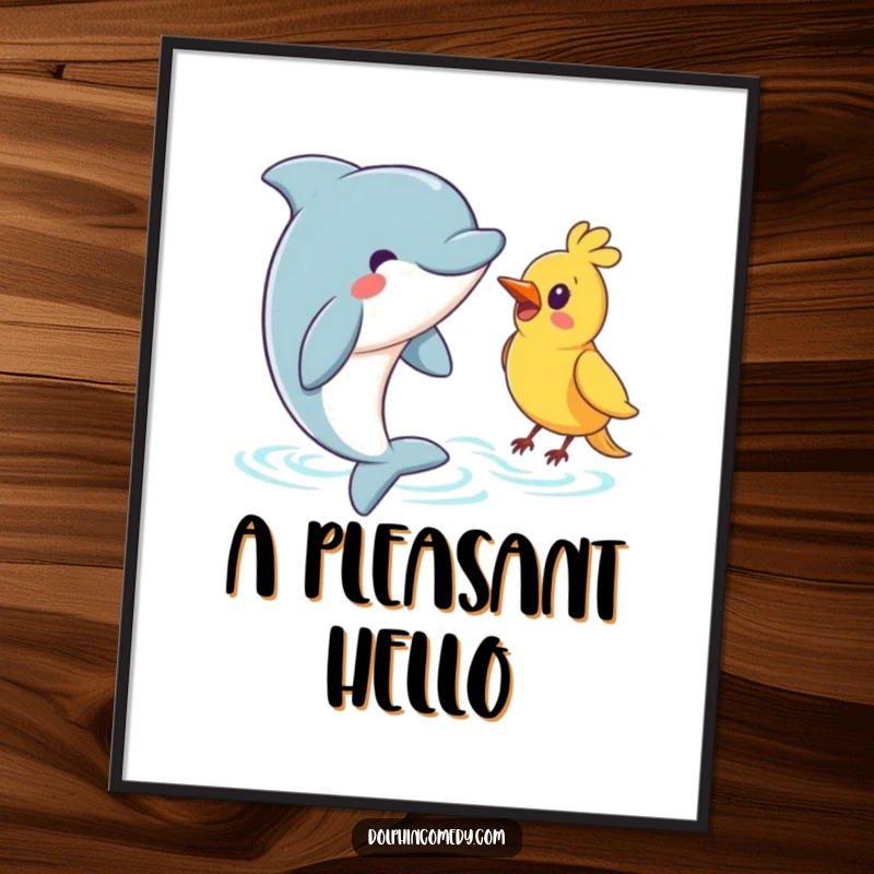 Funny Dolphin Digital Art Print: A dolphin warmly greeting a bird, a heartwarming and humorous piece of art.