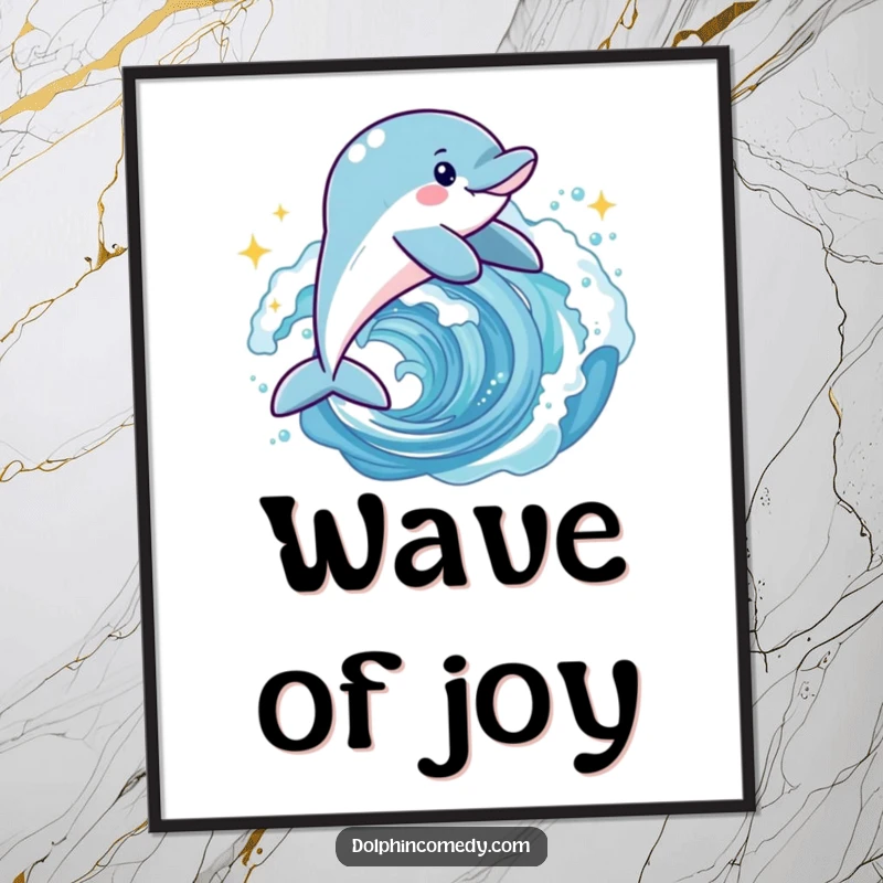 Funny joyful dolphin digital art print of a happy dolphin leaping dynamically through a sparkling ocean wave.