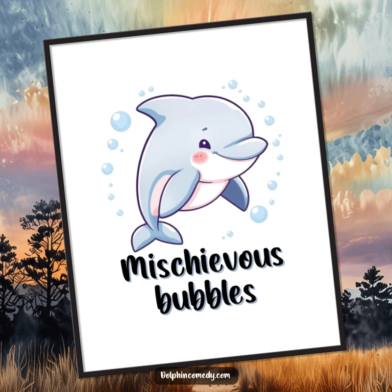 Funny digital art print of a dolphin with a mischievous grin swimming in a bubbly circle, ready for immediate display.