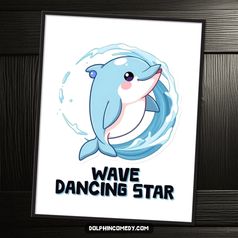 Funny Dolphin Digital Art Print of a playful dolphin twirling in a wave with sparkling eyes.