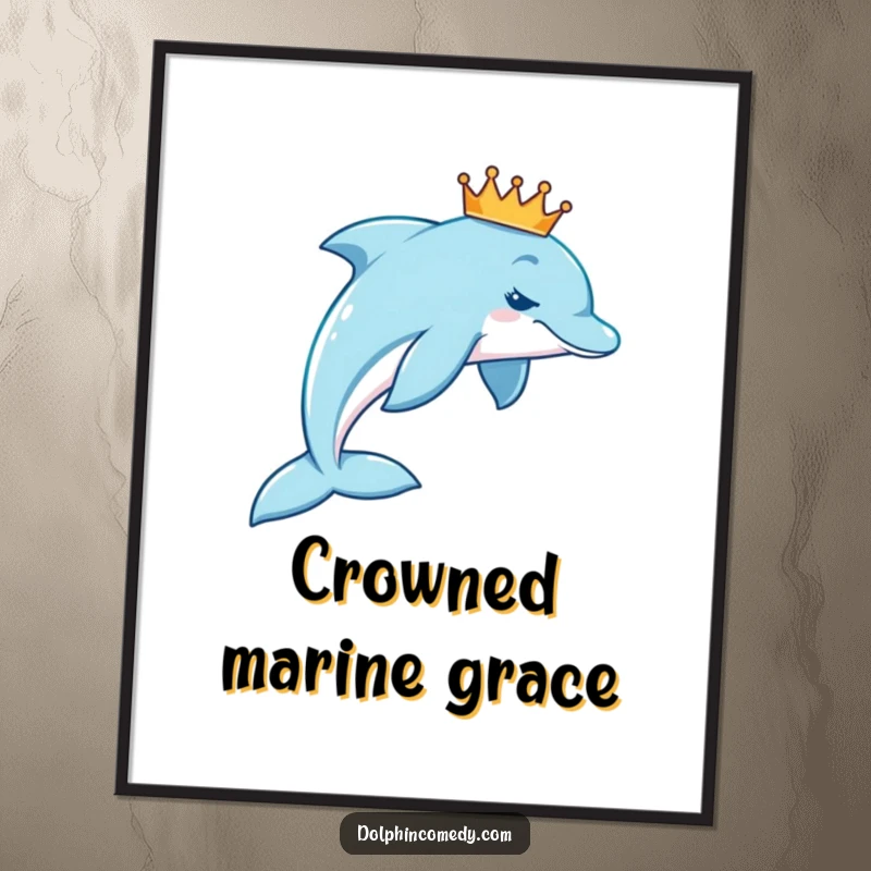Funny royal dolphin digital art print of a dolphin wearing a tiny crown, swimming gracefully in an arc.
