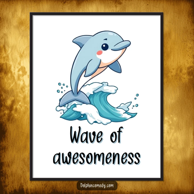 Funny Digital Art: An excited dolphin rides a wave, captured in a humorous and dynamic print for instant download.