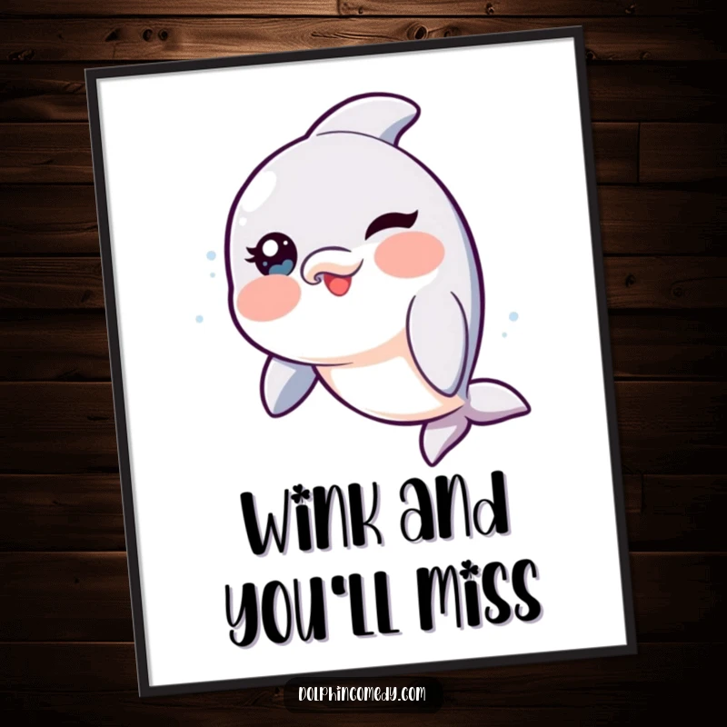 Funny Dolphin Digital Art Print with rosy cheeks, playfully winking, perfect for instant humorous wall decor.