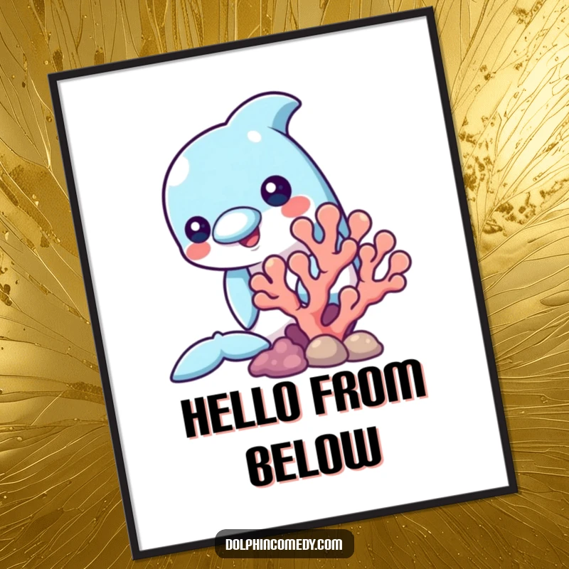 Funny digital art print of a dolphin curiously peeking from behind coral, capturing underwater mystery and charm.