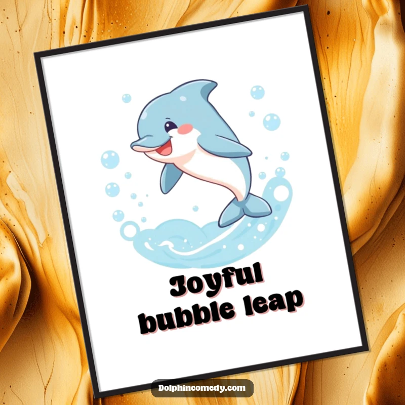 Funny dolphin digital art print, smiling and leaping through a ring of bubbles, a hilarious artwork of underwater fun, perfect funny gift.
