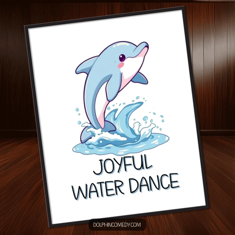 Funny digital art print of a dolphin making a magnificent, joyous arc as it breaches the water, perfect for lively decor.