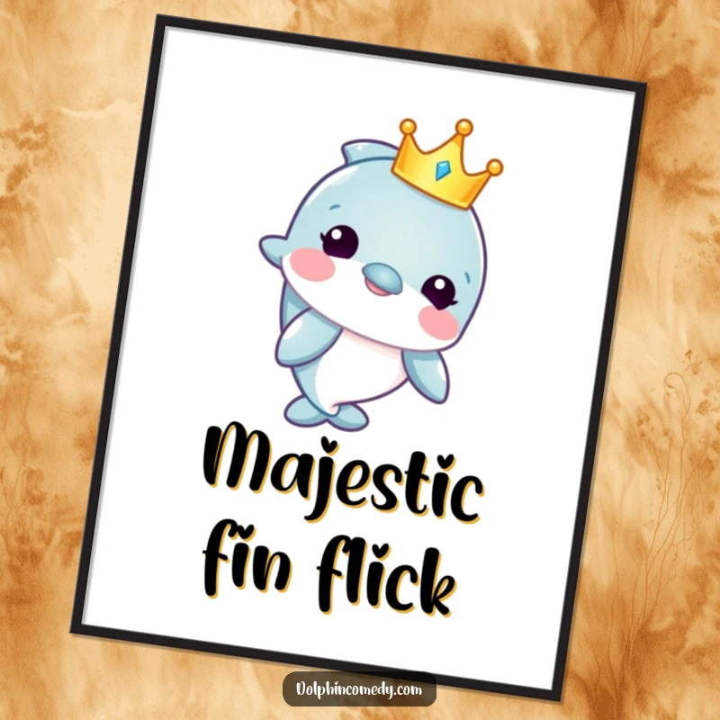 Funny digital art print of a dolphin wearing a small crown, embodying playful royalty and sophisticated humor for wall decor.