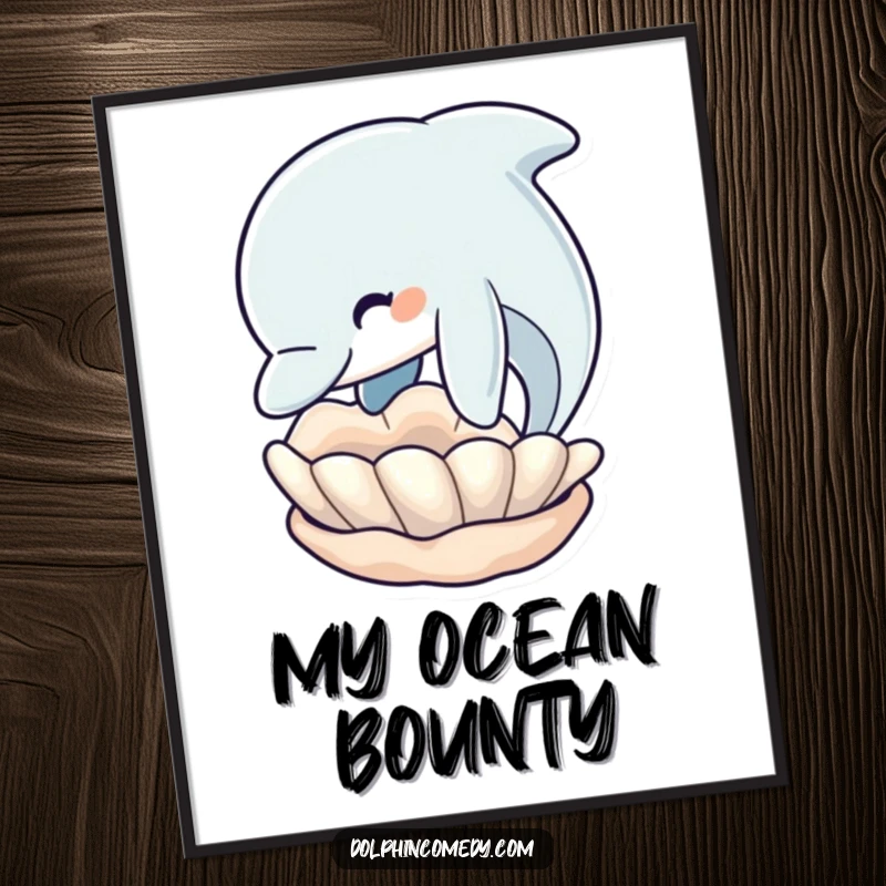 Funny Dolphin Digital Art Print: Dolphin nudging a seashell, a charming and humorous piece of ocean-themed art.