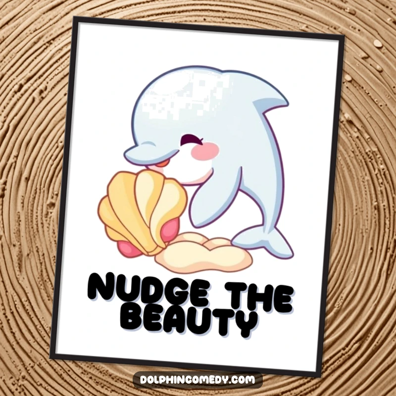 Funny digital art print capturing a dolphin playfully nudging a colorful seashell, perfect for whimsical and charming wall decor.