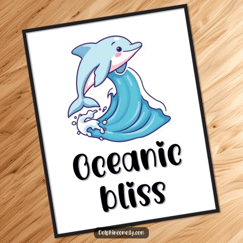 Funny dolphin leaping joyfully out of a stylized ocean wave, available as a digital art print for instant home decor.