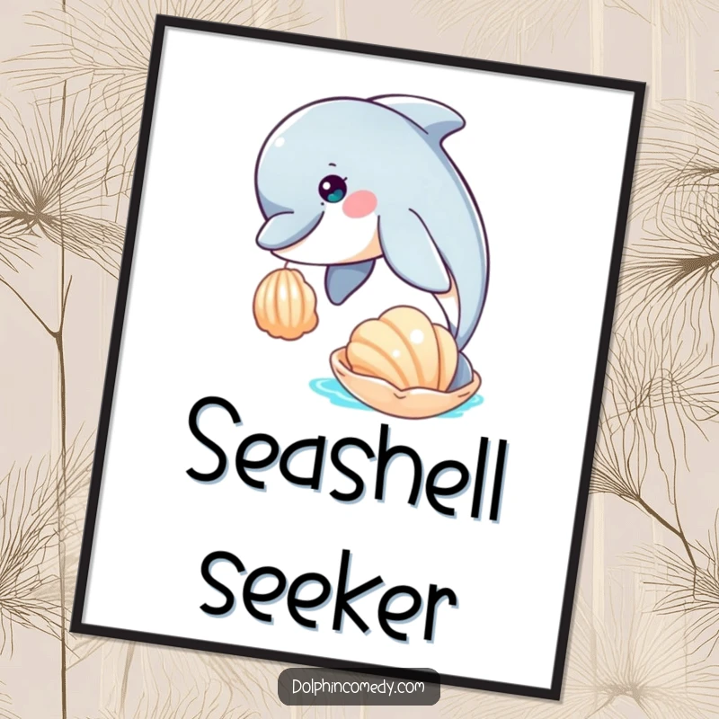 Funny digital artwork of a dolphin with a curious gaze playfully nudging a seashell, ready for instant download and display.