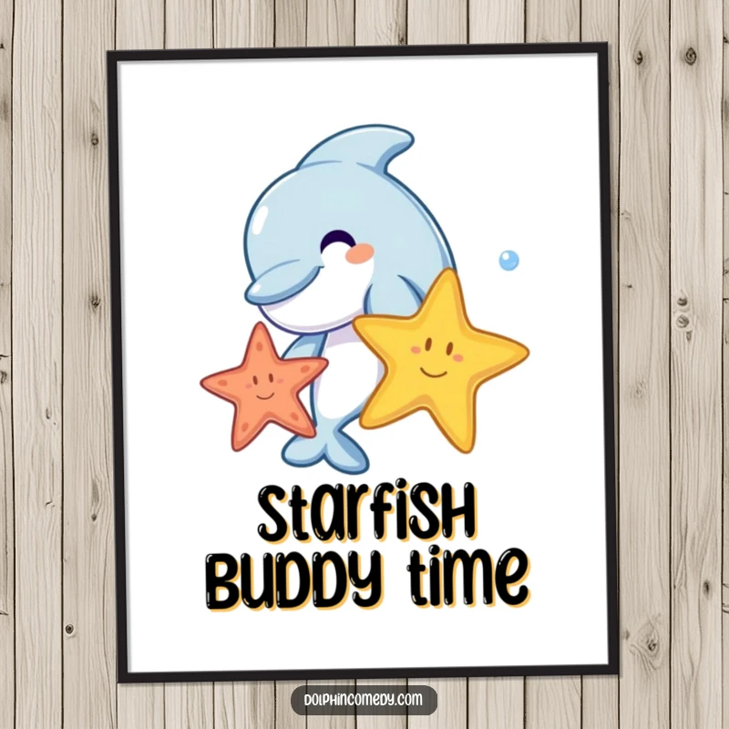 A joyful cartoon dolphin playing with a colorful starfish, as a downloadable digital art print.