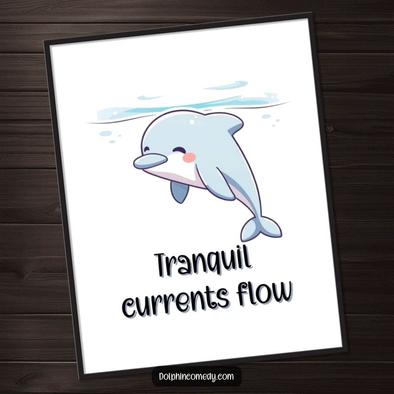 Funny dolphin digital art print of a contented dolphin sighing peacefully while gliding underwater, offering instant, humorous room decor.