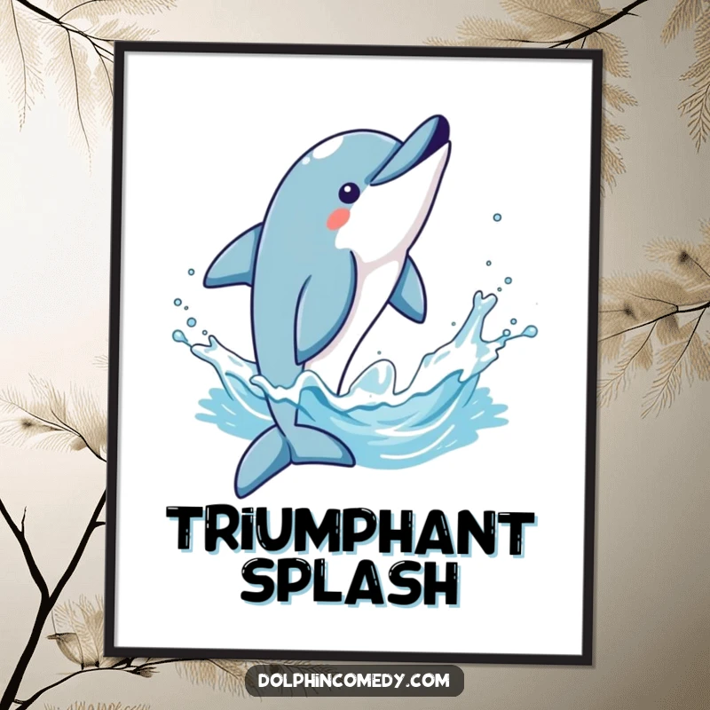 Funny digital art print of a dolphin in a triumphant flip, splashing water, ready for immediate home decor.