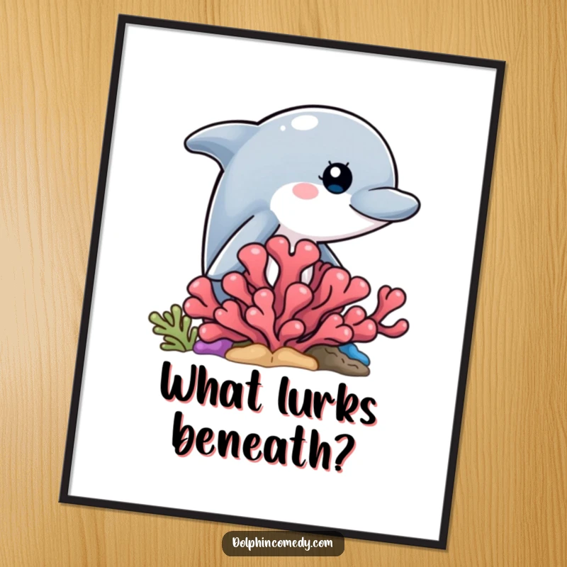 Funny downloadable art print of a curious dolphin peeking from behind coral, ideal for digital frames.
