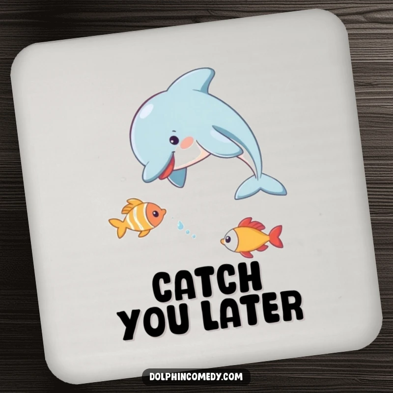 Playful Dolphin Drink Coaster showing a dolphin chasing a fish, a humorous and functional accessory.