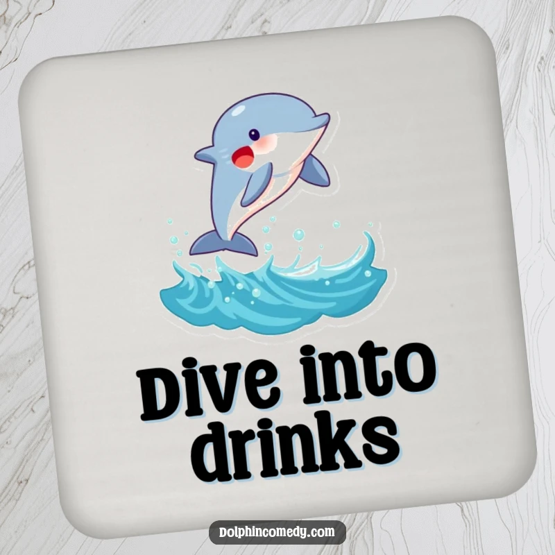 Funny Dolphin Coaster: A joyful dolphin leaping from a wave, adding marine humor and protecting surfaces, a funny gift.