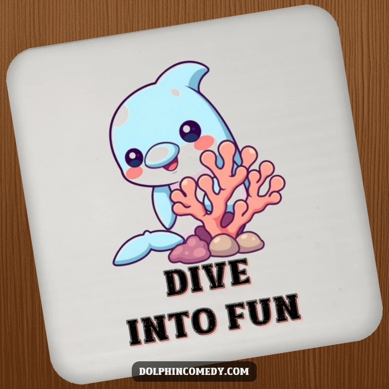 Funny drink coaster featuring a dolphin curiously peeking from behind coral, protecting surfaces with whimsical ocean charm.