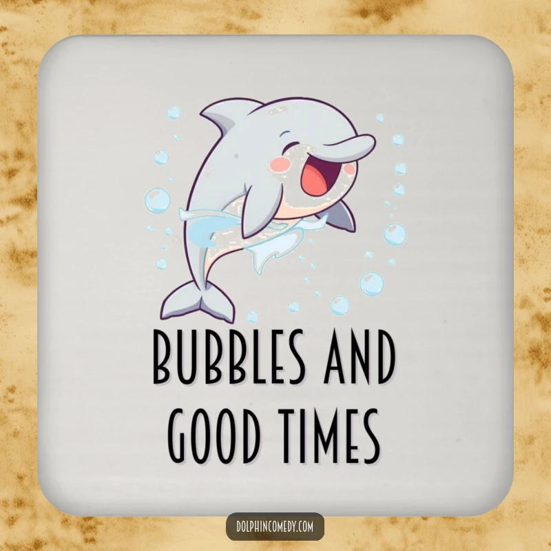 Funny drink coasters featuring a delighted dolphin joyfully chasing bubbles, adding a playful and protective touch.