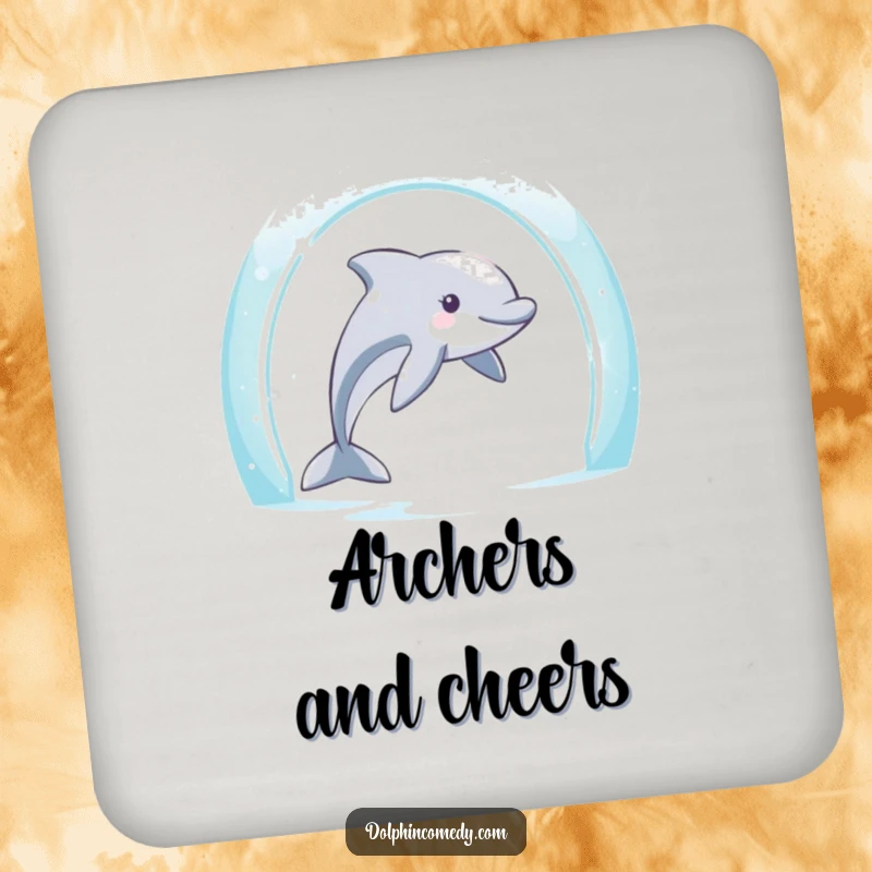 Funny Dolphin Coasters: Determined dolphin passing through an archway, offering humorous motivation, a funny gift set.
