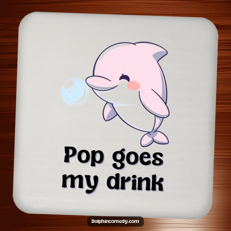 Funny set of drink coasters featuring a smiling dolphin blowing a water bubble, protecting furniture.