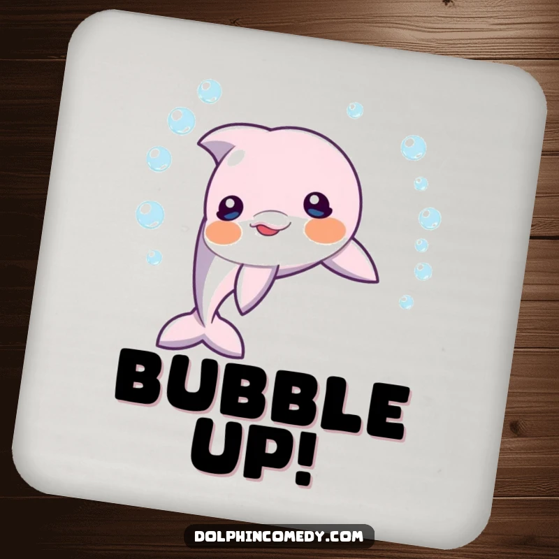 Funny dolphin creating a perfect ring of bubbles underwater, a set of humorous coasters for stylish surface protection.