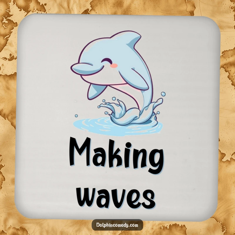 Funny Dolphin Drink Coaster showing a happy marine animal with a wide smile leaping from the water, protecting your furniture.