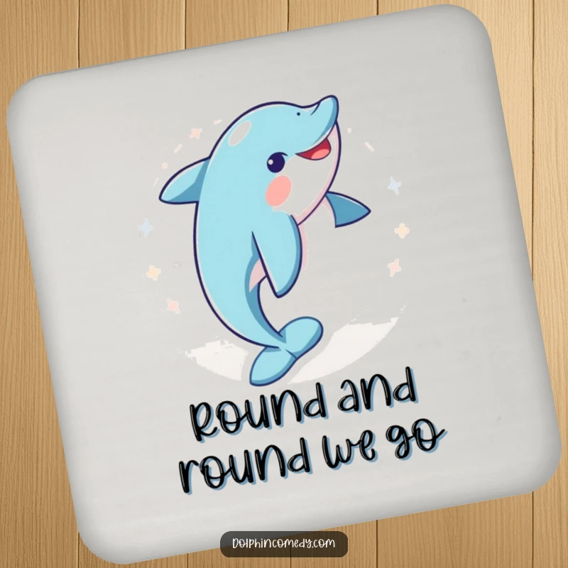 Funny drink coasters displaying a dolphin in a joyful spin, adding a humorous and protective touch to any beverage setting.