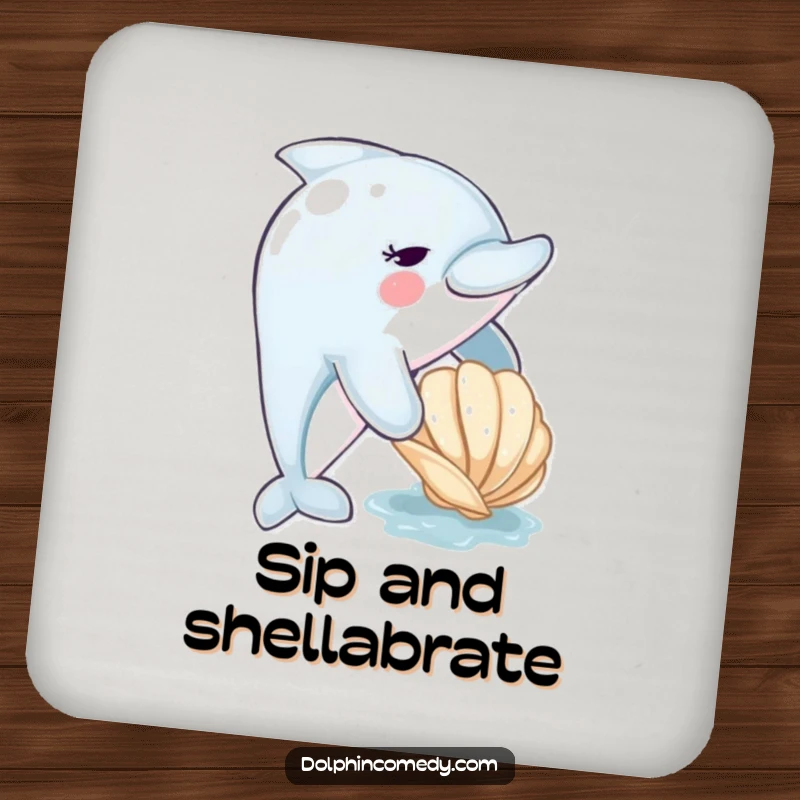 Funny dolphin drink coaster with a cute dolphin nudging a seashell, adding playful marine decor to any table setting.