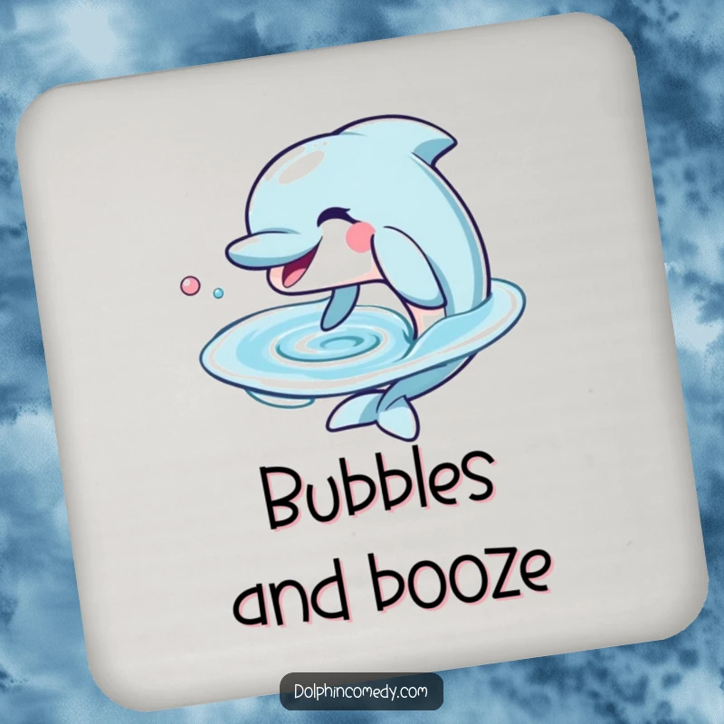 Funny Dolphin Coaster featuring a playful grinning dolphin blowing a water ring, protecting surfaces with ocean-themed humor.