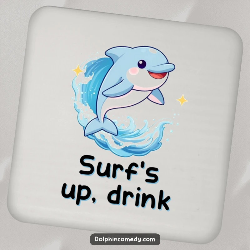 Funny Dolphin Coaster: A joyful dolphin leaping through a sparkling wave, a humorous and protective accessory for drinks.