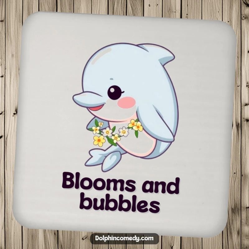 Funny drink coasters featuring a happy dolphin adorned with a flower garland, adding a whimsical and protective touch.
