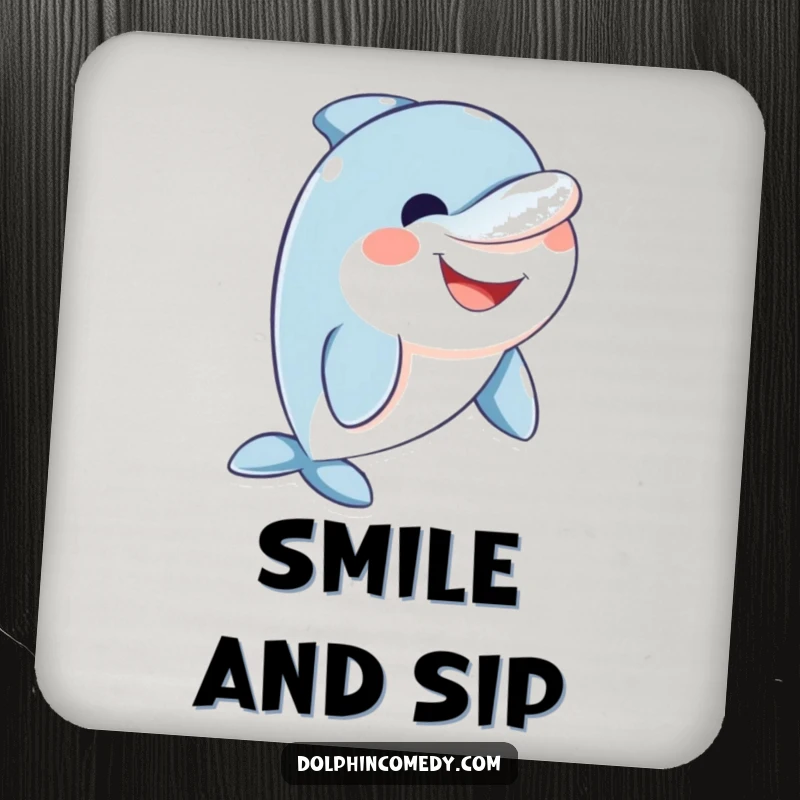 Funny friendly dolphin drink coaster showing a dolphin with a wide, welcoming smile, protecting furniture.