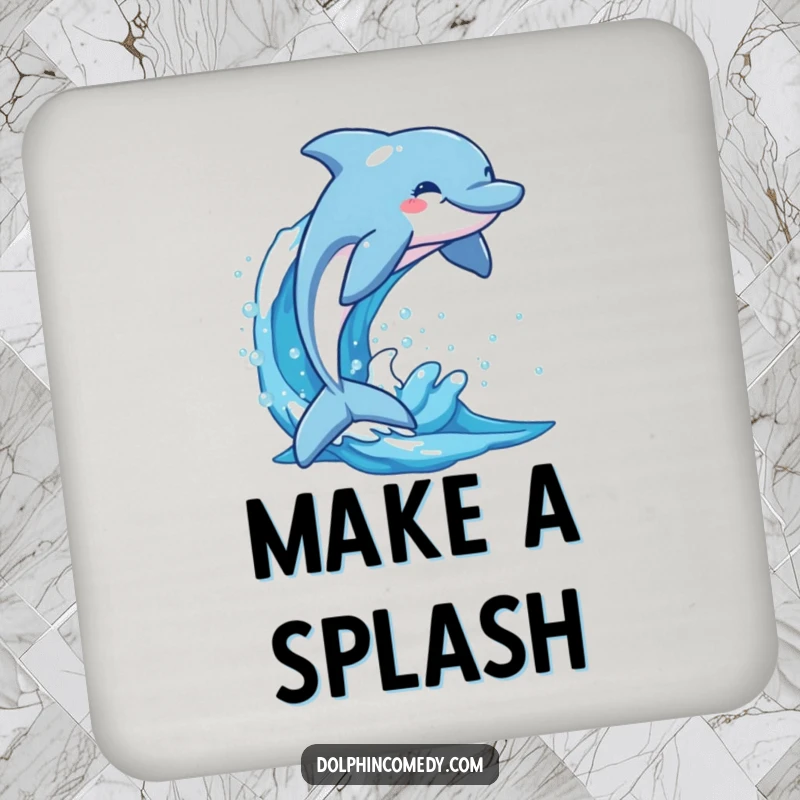 Funny dolphin joyfully emerging from a sparkling blue wave, a set of humorous coasters for stylish surface protection.