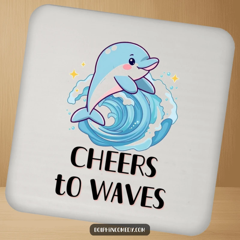 Funny joyful dolphin drink coaster showing a happy dolphin leaping through a sparkling wave, protecting furniture.