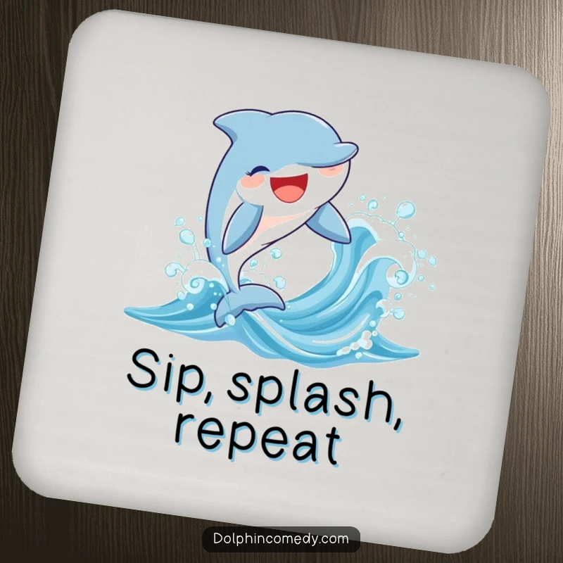 Funny set of drink coasters displaying a happy dolphin leaping from a sparkling wave, adding humor to any table.