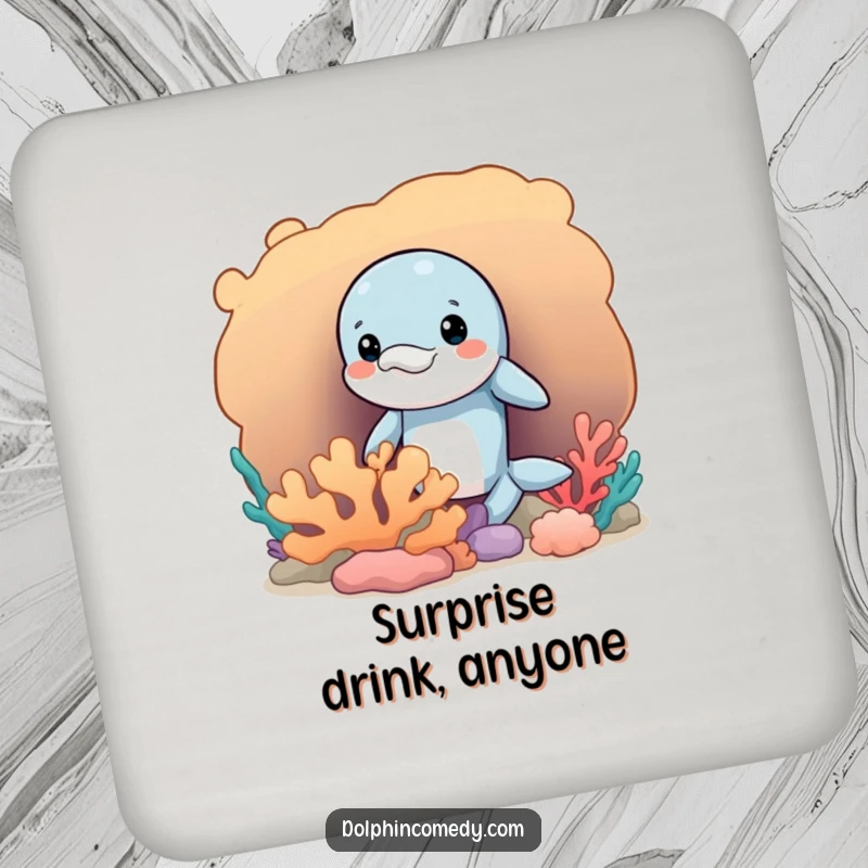 Funny coaster with a mischievous dolphin peeking from coral, adding a playful and humorous touch to drink service.