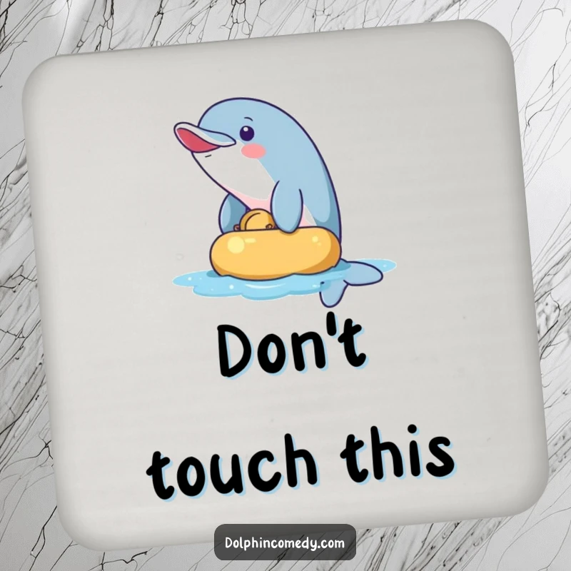 Funny Drink Coasters: A mischievous dolphin playfully nudging an object. Humorous ocean-themed coasters for table protection.