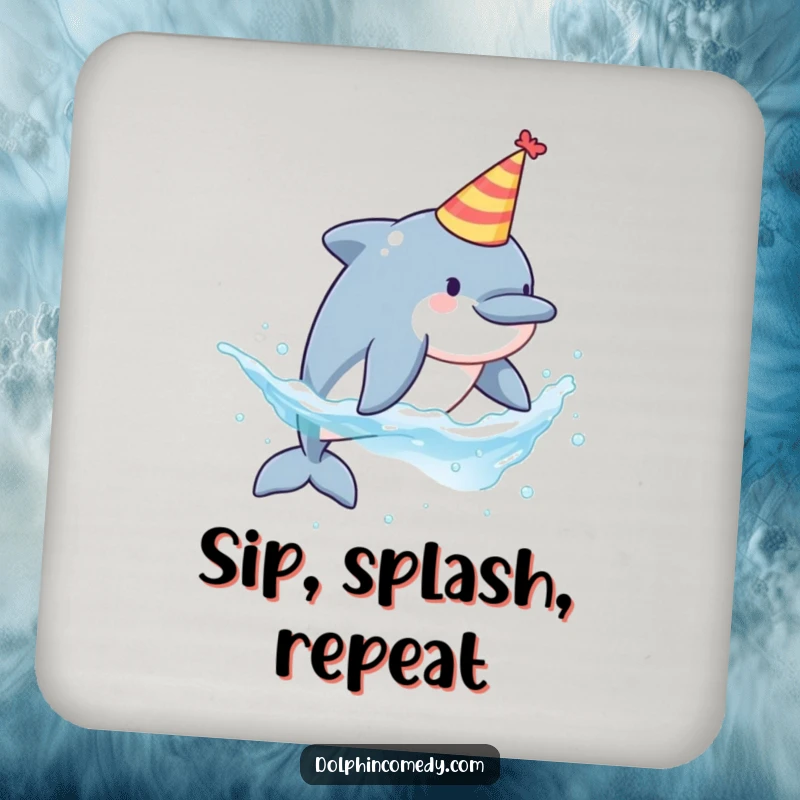 Funny set of coasters featuring a dolphin in a party hat splashing water, protecting furniture with flair.