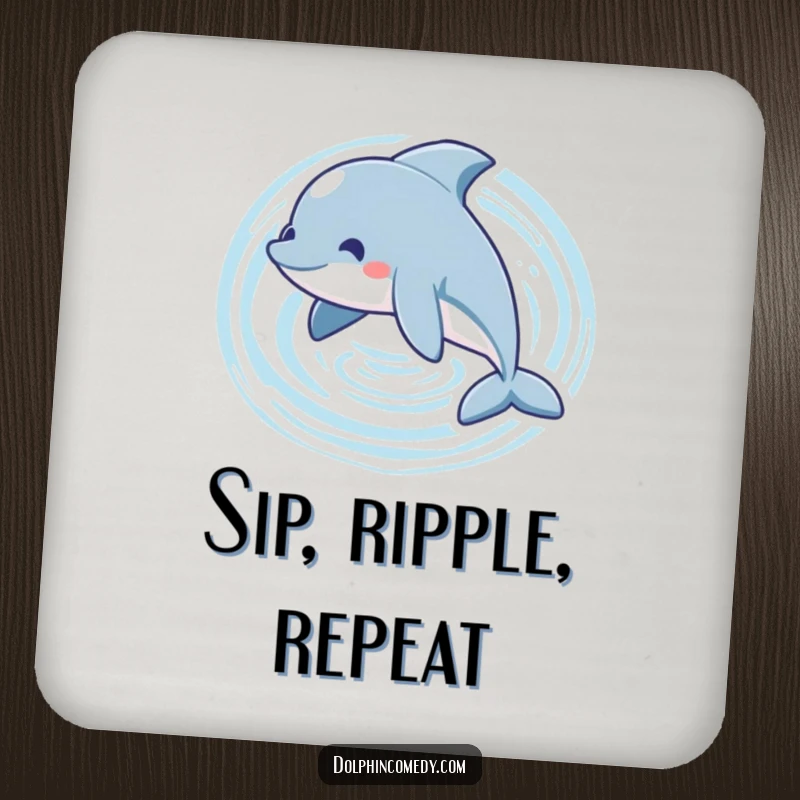 Funny playful dolphin drink coaster showing a dolphin swimming in a circle, creating ripples, protecting furniture.