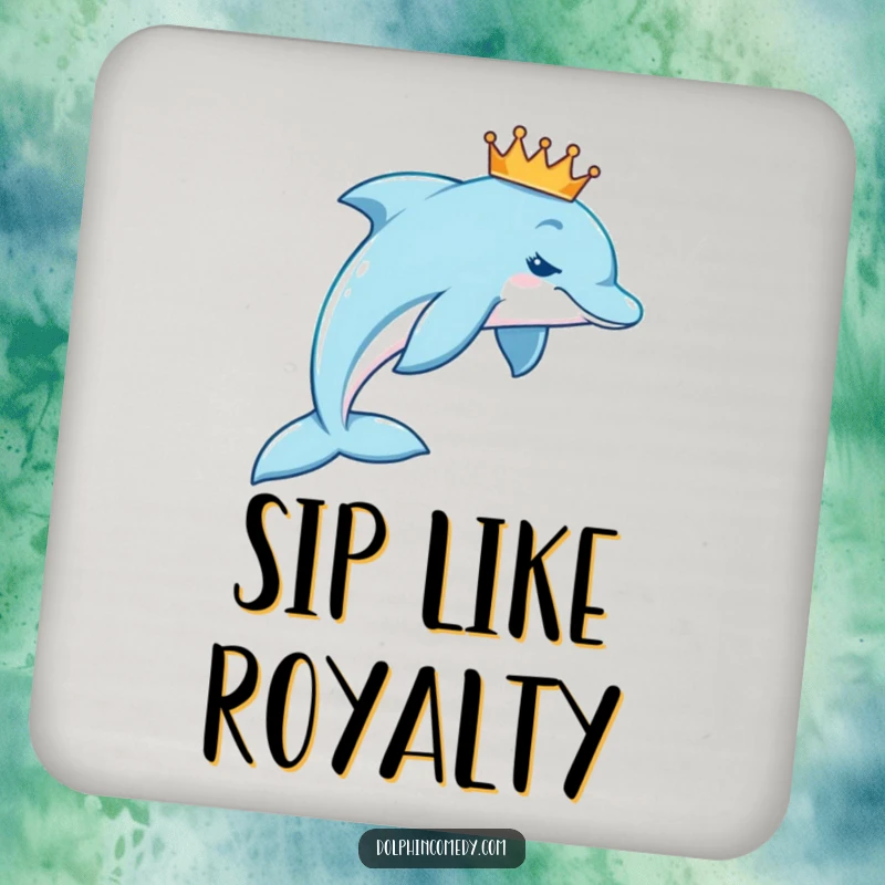 Funny royal dolphin coasters featuring a dolphin with a tiny crown, swimming gracefully in an arc, protecting your table.