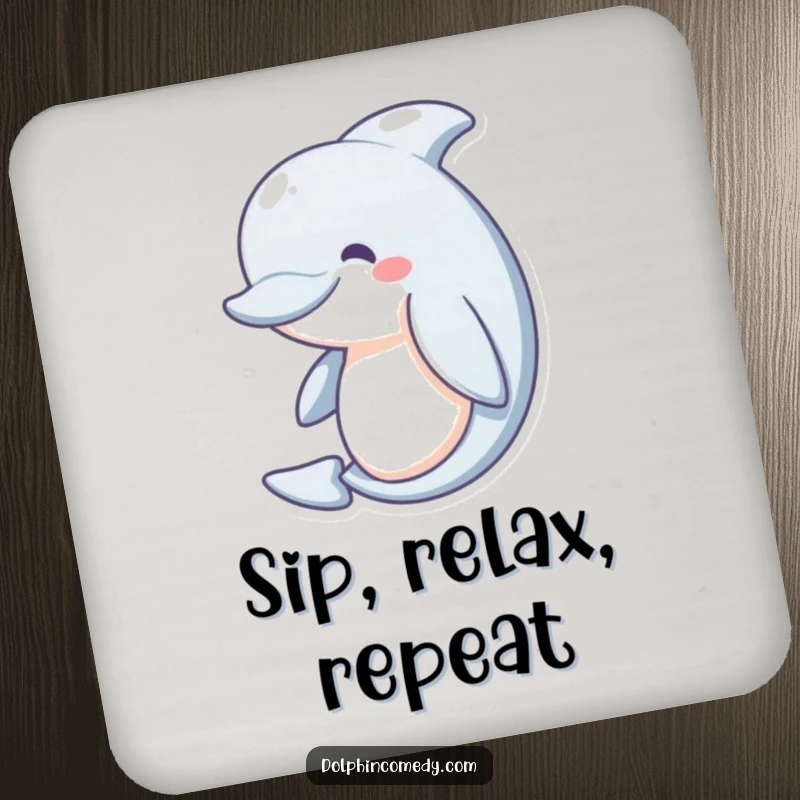 Funny Drink Coasters: A happy dolphin with a gentle curve, looking serene. Protects surfaces with humorous ocean-themed charm.